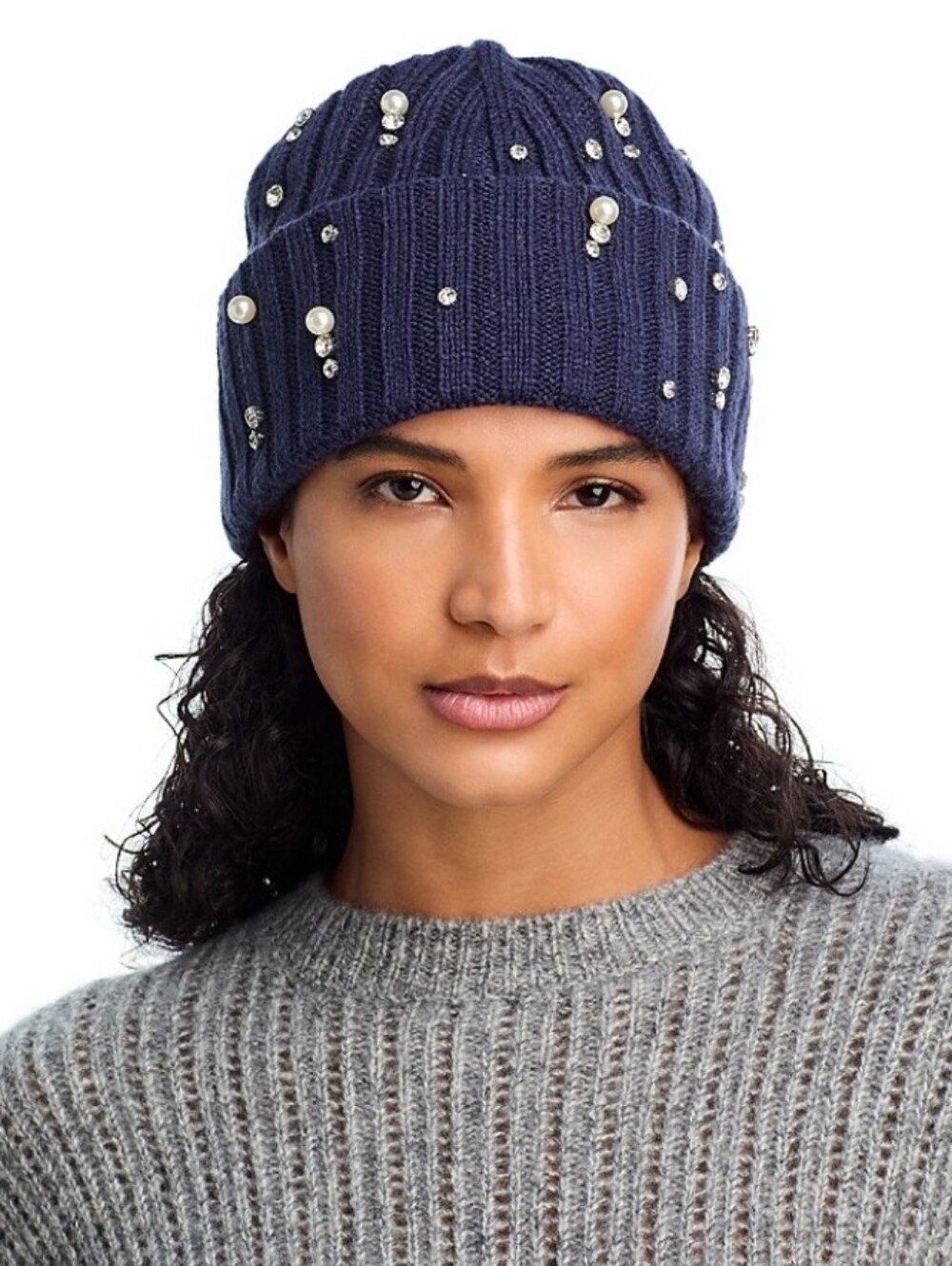 Aqua Embellished Cuff Hat - Exclusive to Bloomingdale's. Navy Blue. NWT Gift